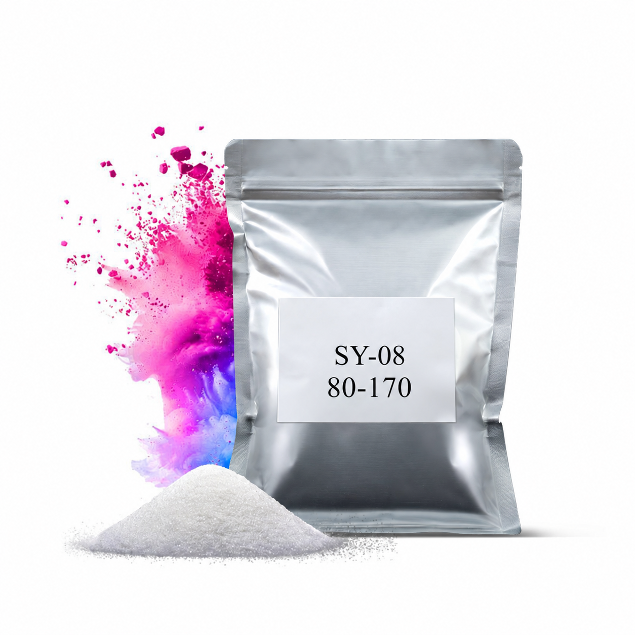 Edited supplier SY-08 photo; brand markings removed. Pictured pouch does not establish the 5 kg or 25 kg pack size.
